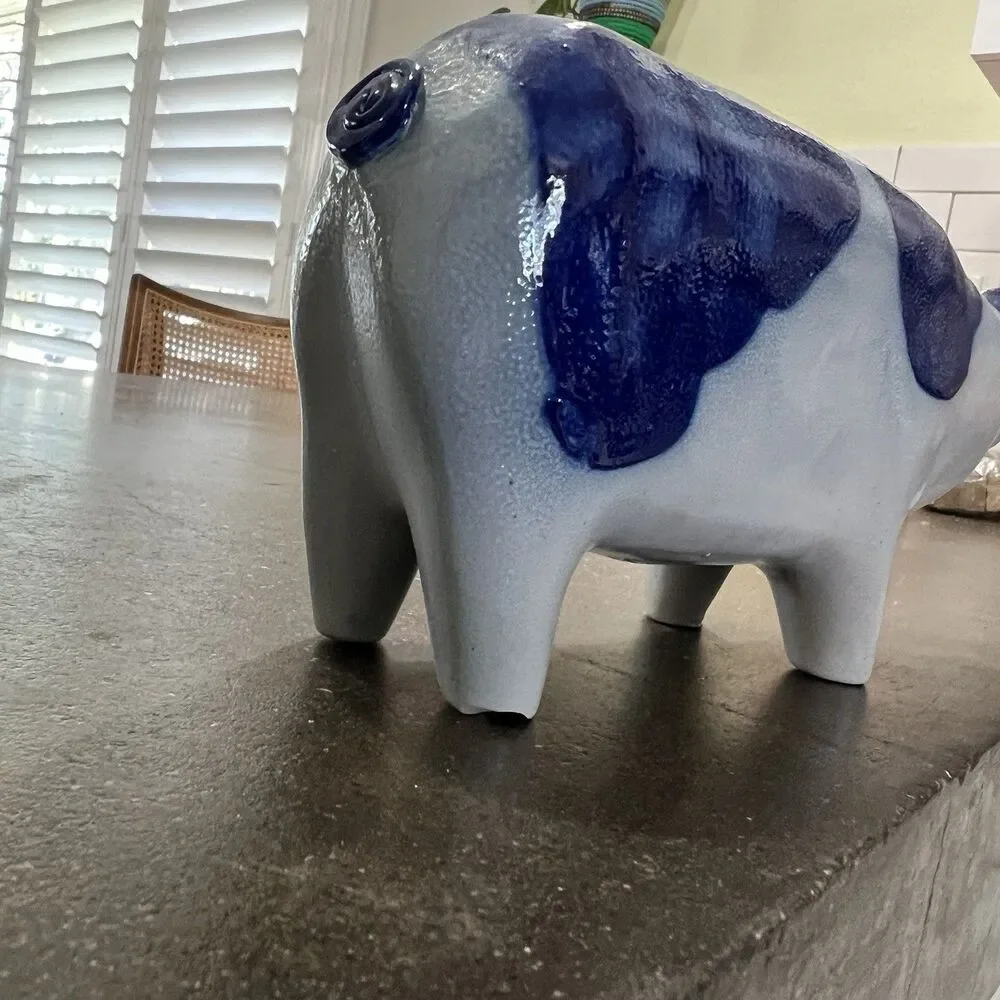 VTG Signed David ELDRETH SALT GLAZED Stonewear Pig COBALT BLUE ON GRAY - Picture 12 of 12